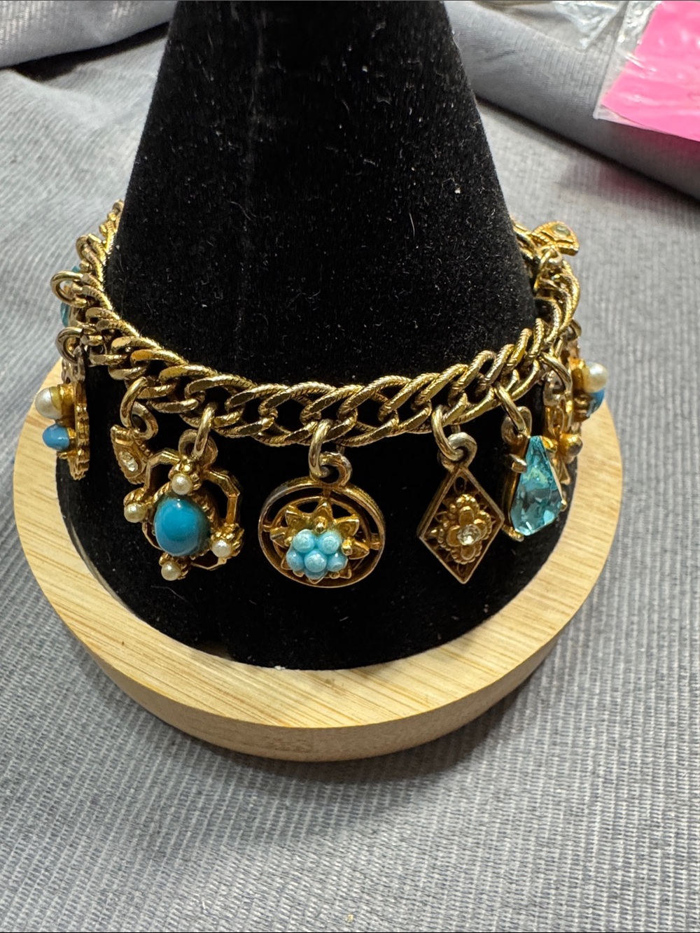 Vintage Source Unknown Gold-Tone Bracelet with Turquoise and Aqua Charms